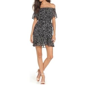 Bardot Off The Shoulder Black Floral Mini Dress Medium Black & White